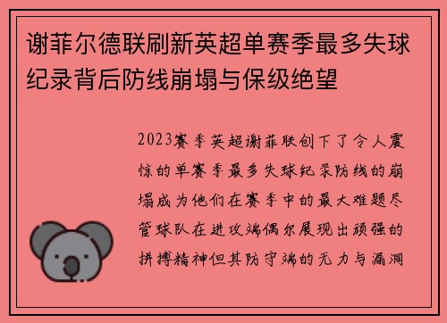 谢菲尔德联刷新英超单赛季最多失球纪录背后防线崩塌与保级绝望